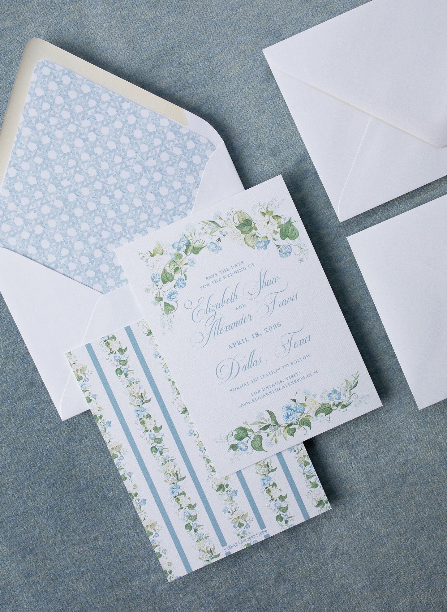 Blue Floral wedding invitation on a blue background