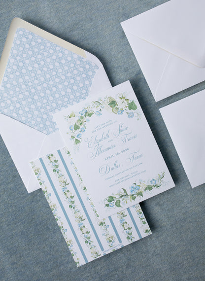 Blue Floral wedding invitation on a blue background