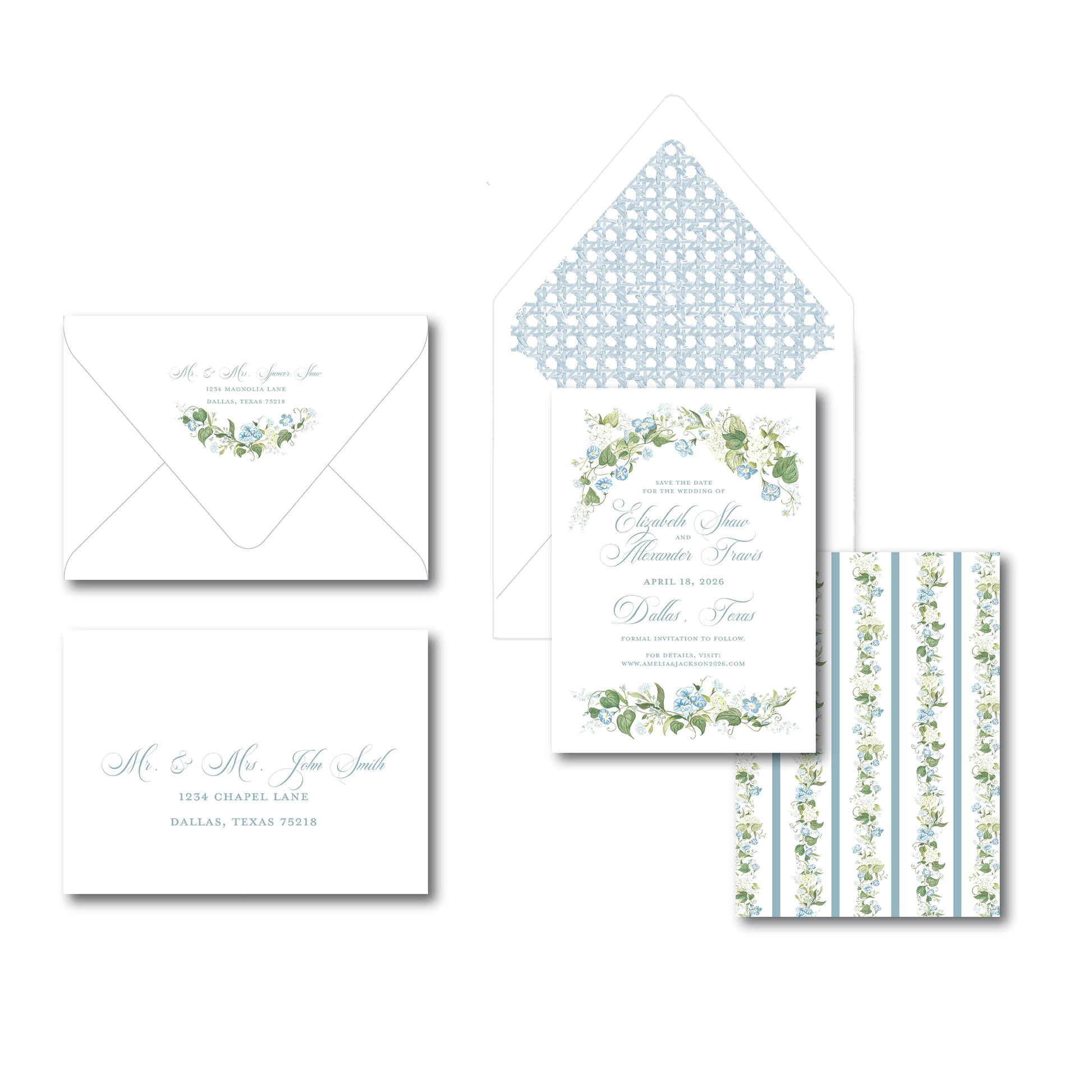 Invitation with blue florals and a patterned envelope on a white background