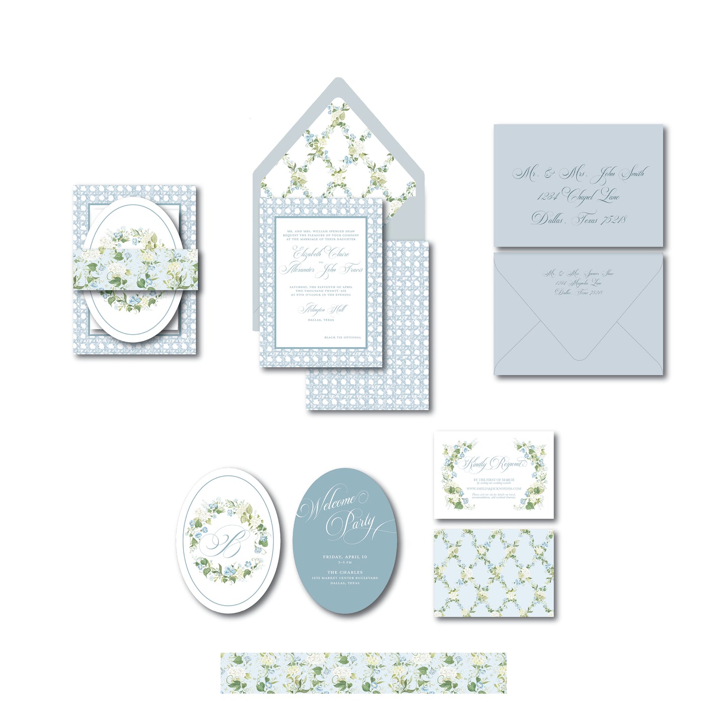 Blue wedding invitation with floral illustrations and caning pattern.