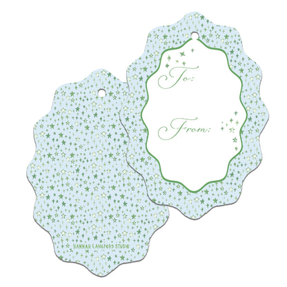 Two decorative gift tags with star patterns and 'To' and 'From' text on a white background.