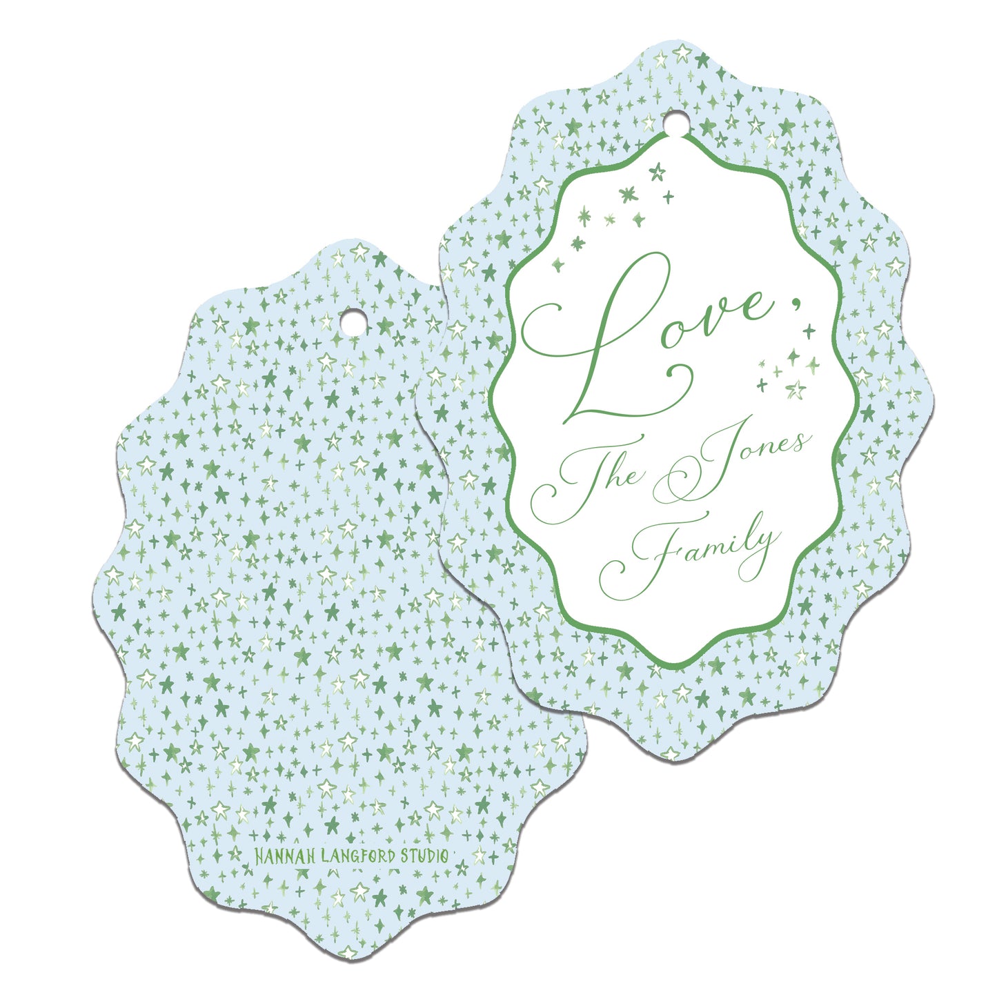 Decorative gift tag with 'Love The Jones Family' text on a white background
