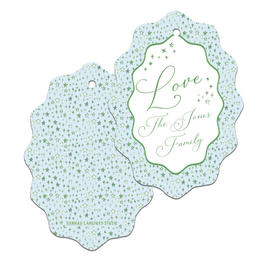 Decorative gift tag with 'Love The Jones Family' text on a white background