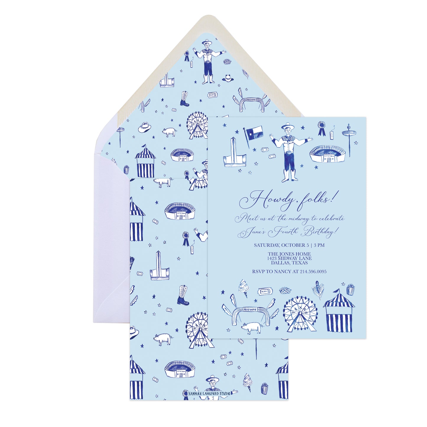 Invitation card with blue pattern and text on a white background