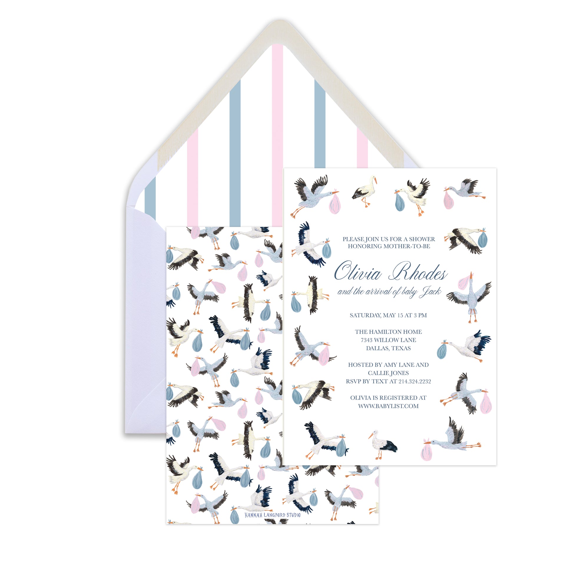 Baby shower invitation with stork design and envelope on a white background
