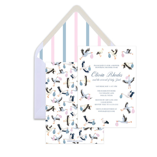 Baby shower invitation with stork design and envelope on a white background