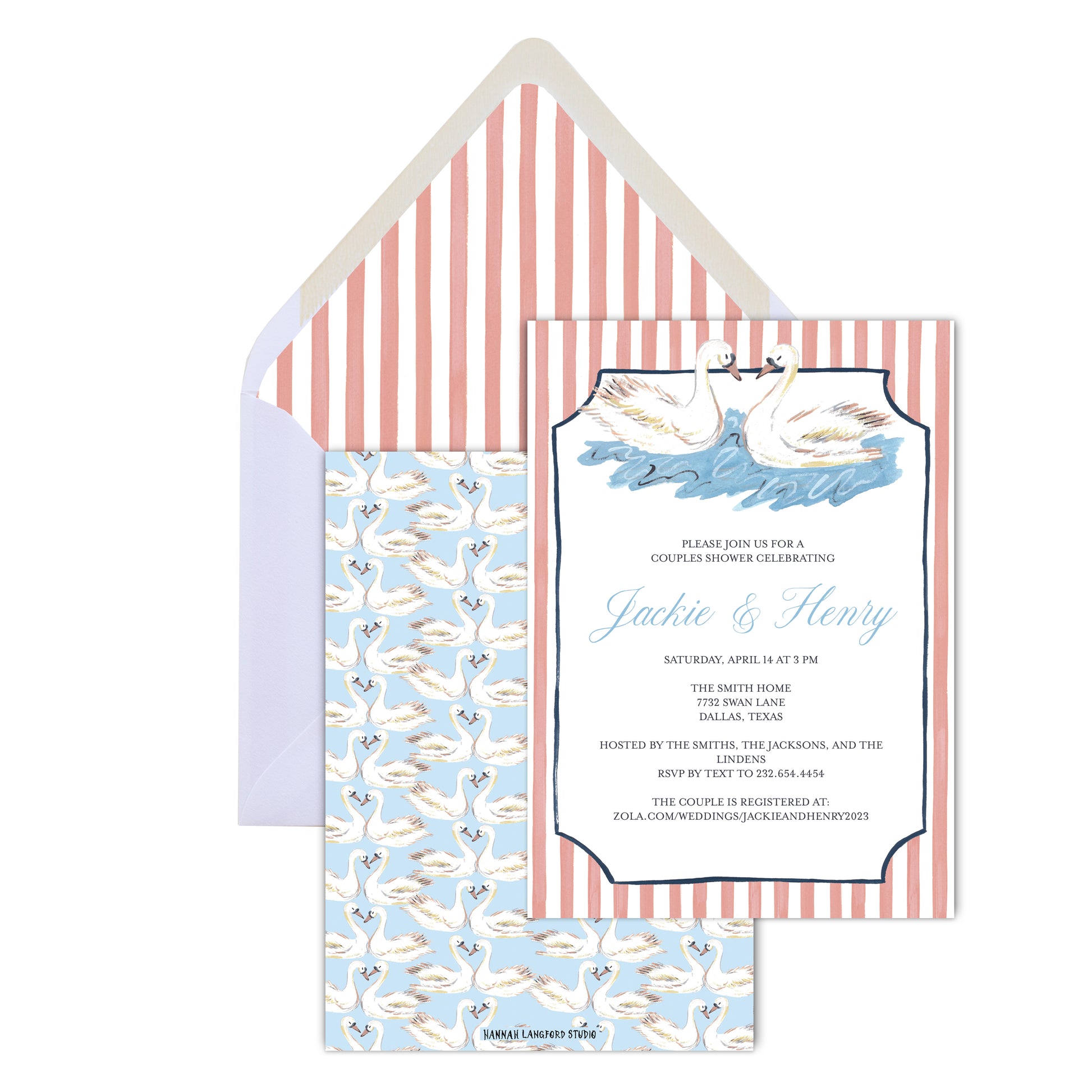 Invitation card with swan design and matching envelope on a white background