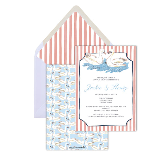 Invitation card with swan design and matching envelope on a white background