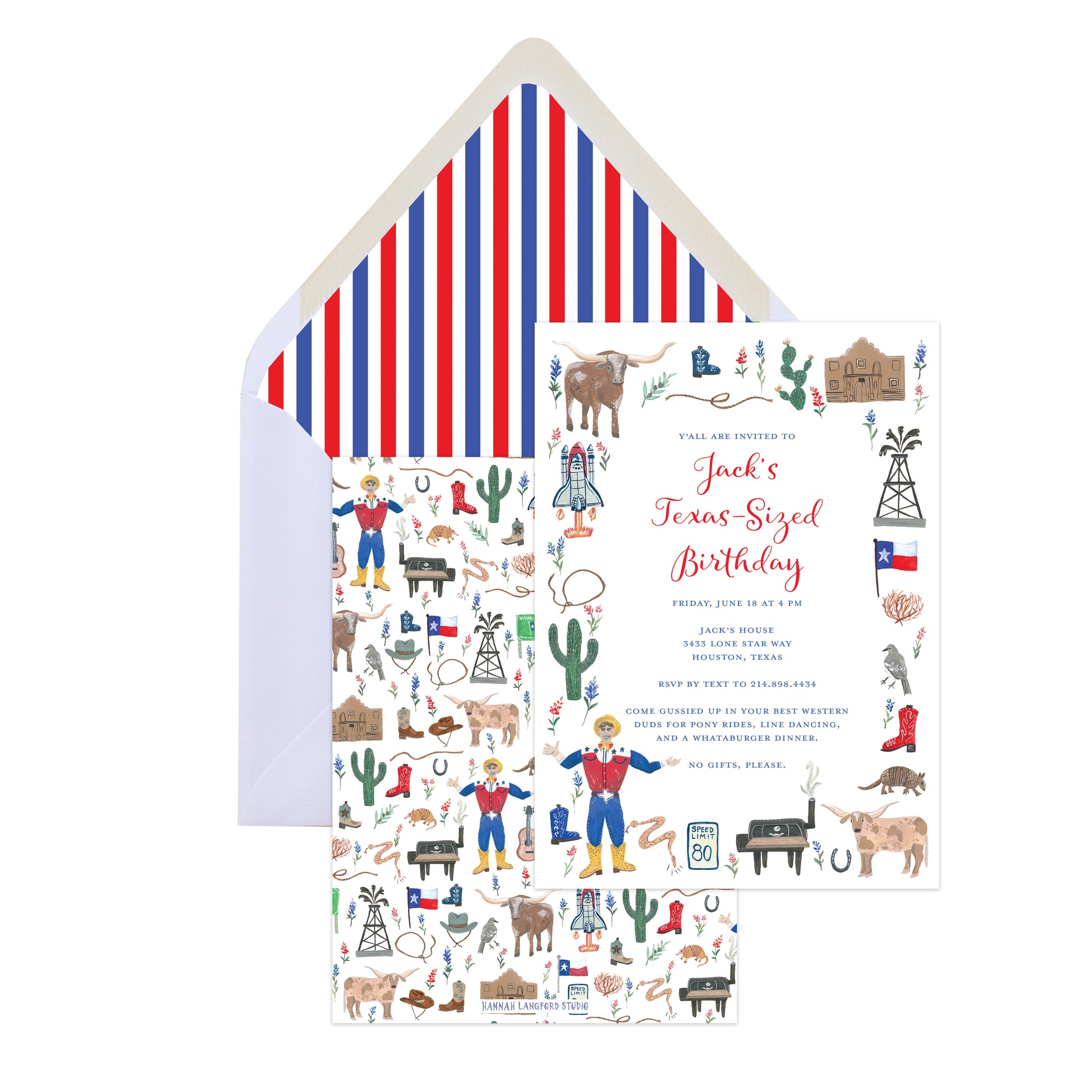 Invitation card with Texas-themed illustrations and a matching envelope on a white background