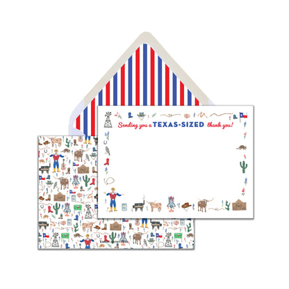 Texas-themed stationery set with a thank-you note card featuring iconic symbols like a cowboy, cactus, and the state flag colors, along with a striped envelope flap.