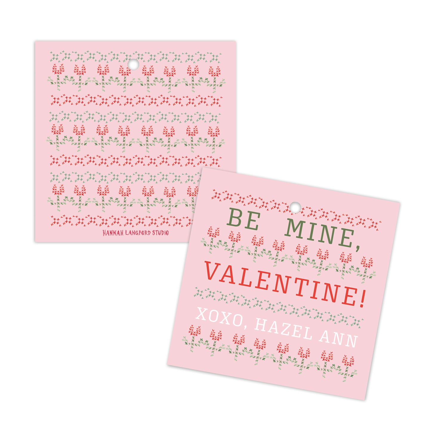 Two pink Valentine's Day cards with floral patterns and text on a white background.