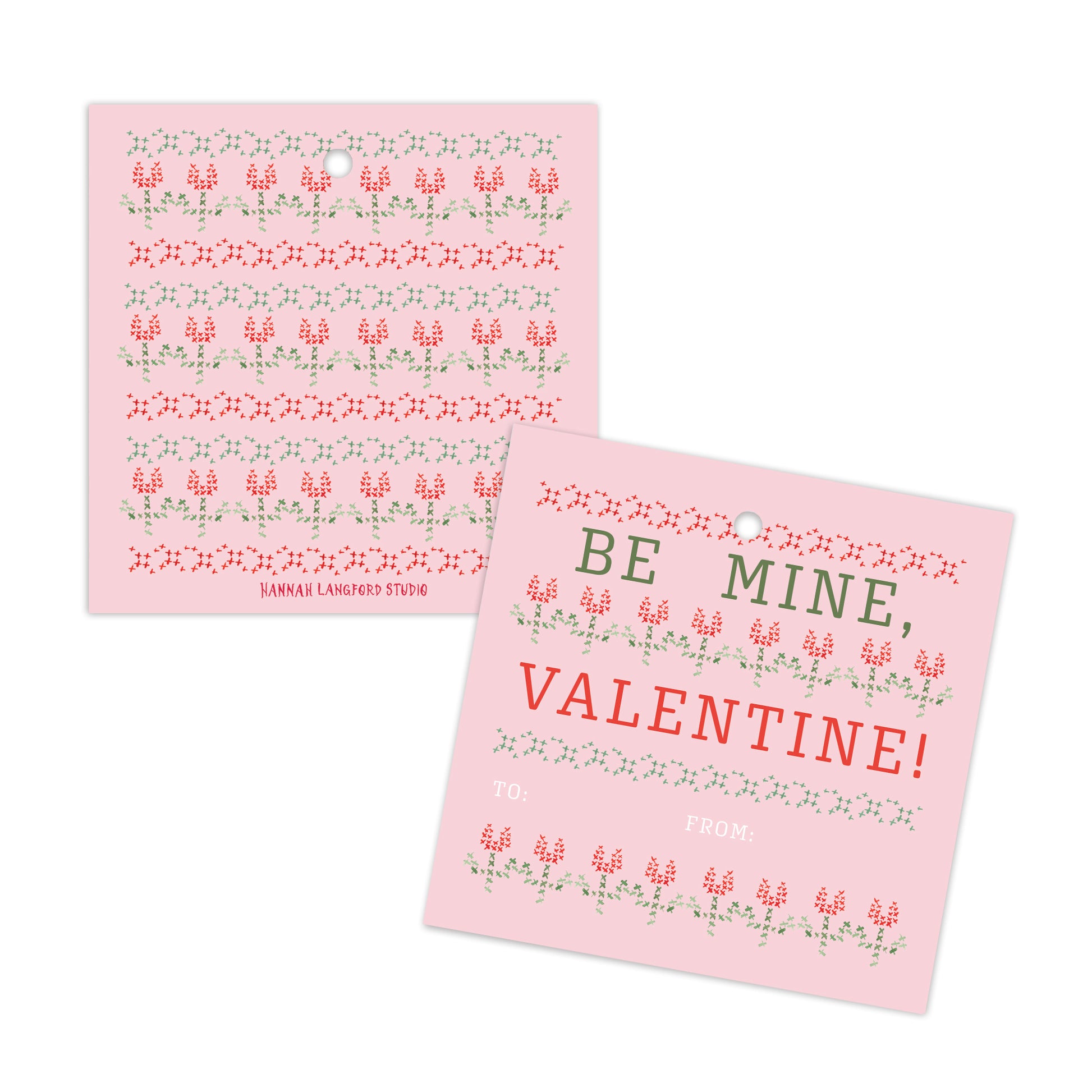 Two pink cards with tulip illustrations on a white background.