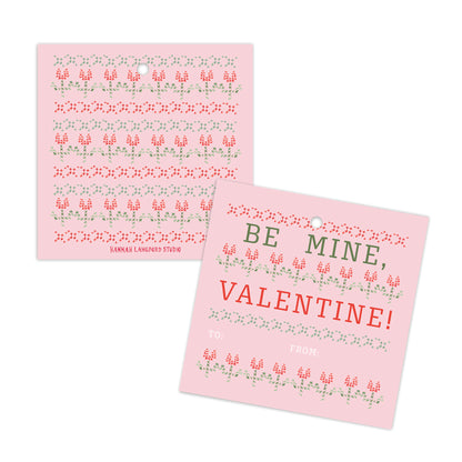 Two pink cards with tulip illustrations on a white background.
