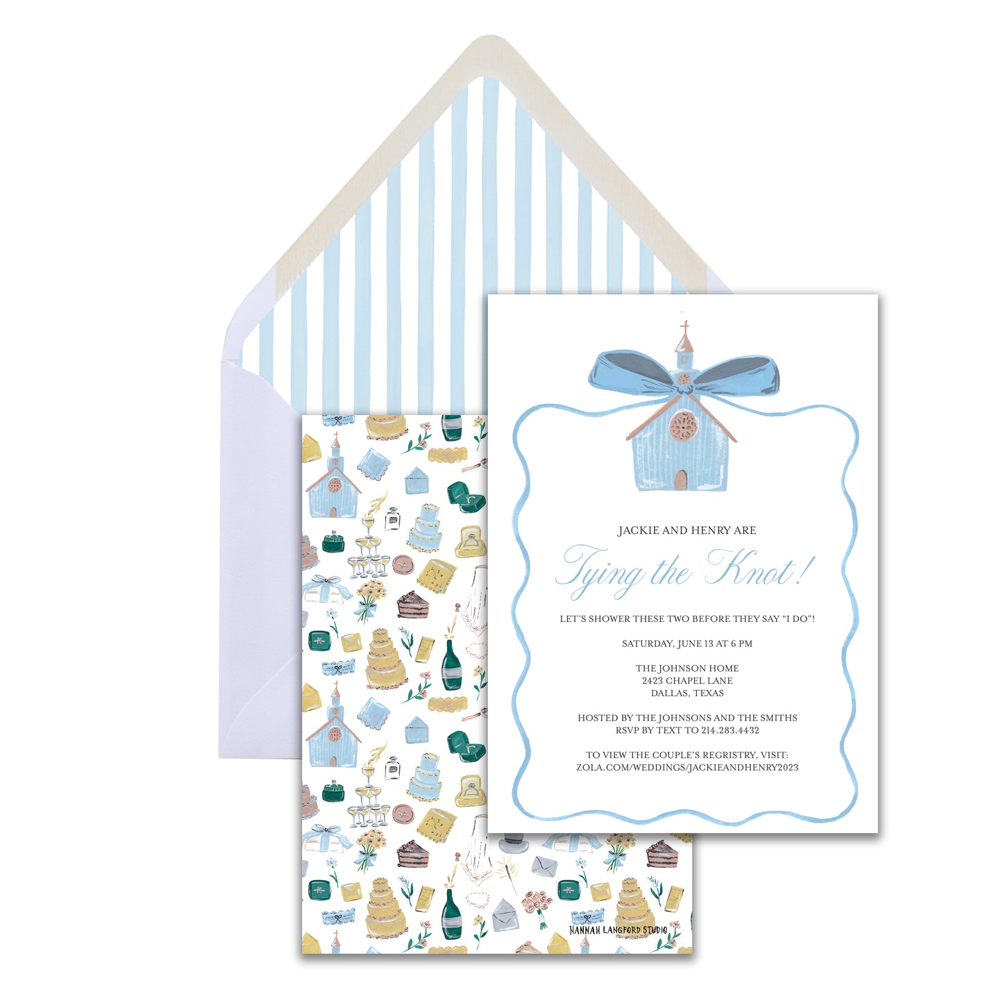 Wedding invitation with envelope and patterned card on a white background