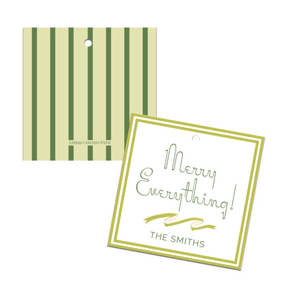 Green striped card with 'Merry Everything! The Smiths' text on a white background