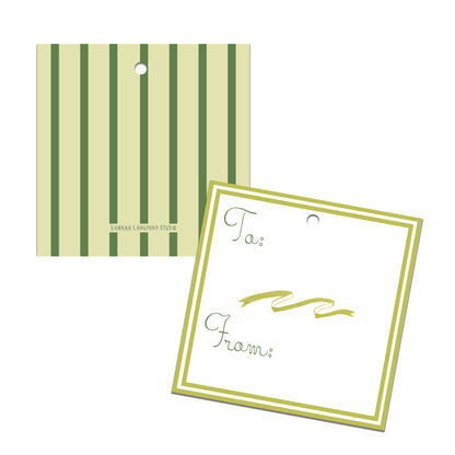 Two green and white gift tags with striped design on a white background