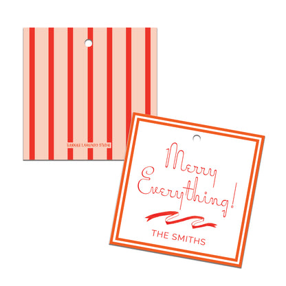 Two Christmas-themed gift tags with red and white designs on a white background.