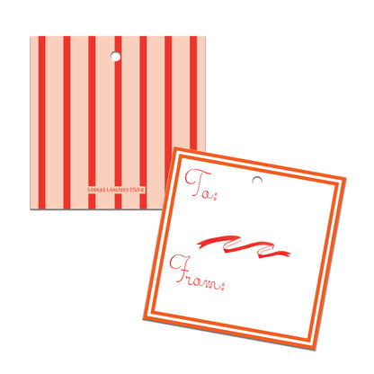Two product tags with red and white designs on a white background
