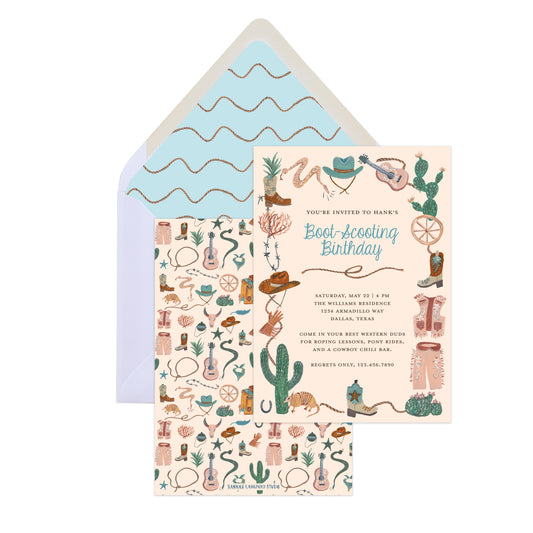 Western-themed birthday invitation with envelope on a white background