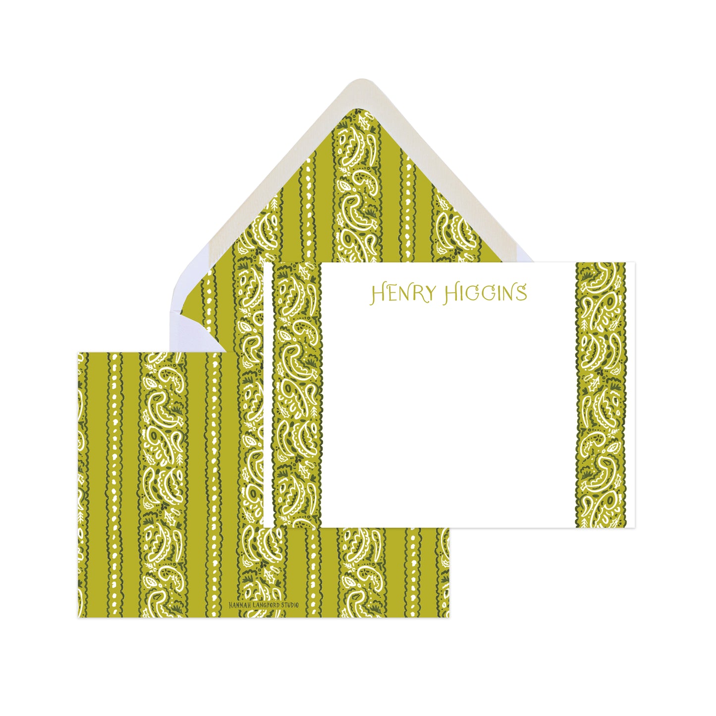 Green and white patterned card with 'HENRY HIGGINS' branding on a white background