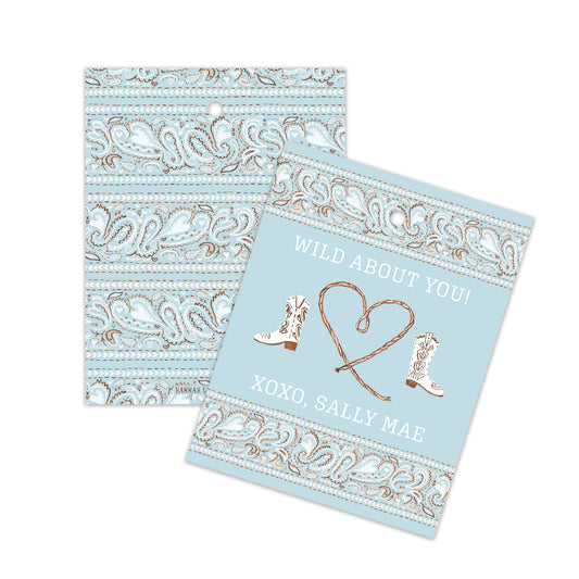Two turquoise cards with decorative patterns and text on a white background