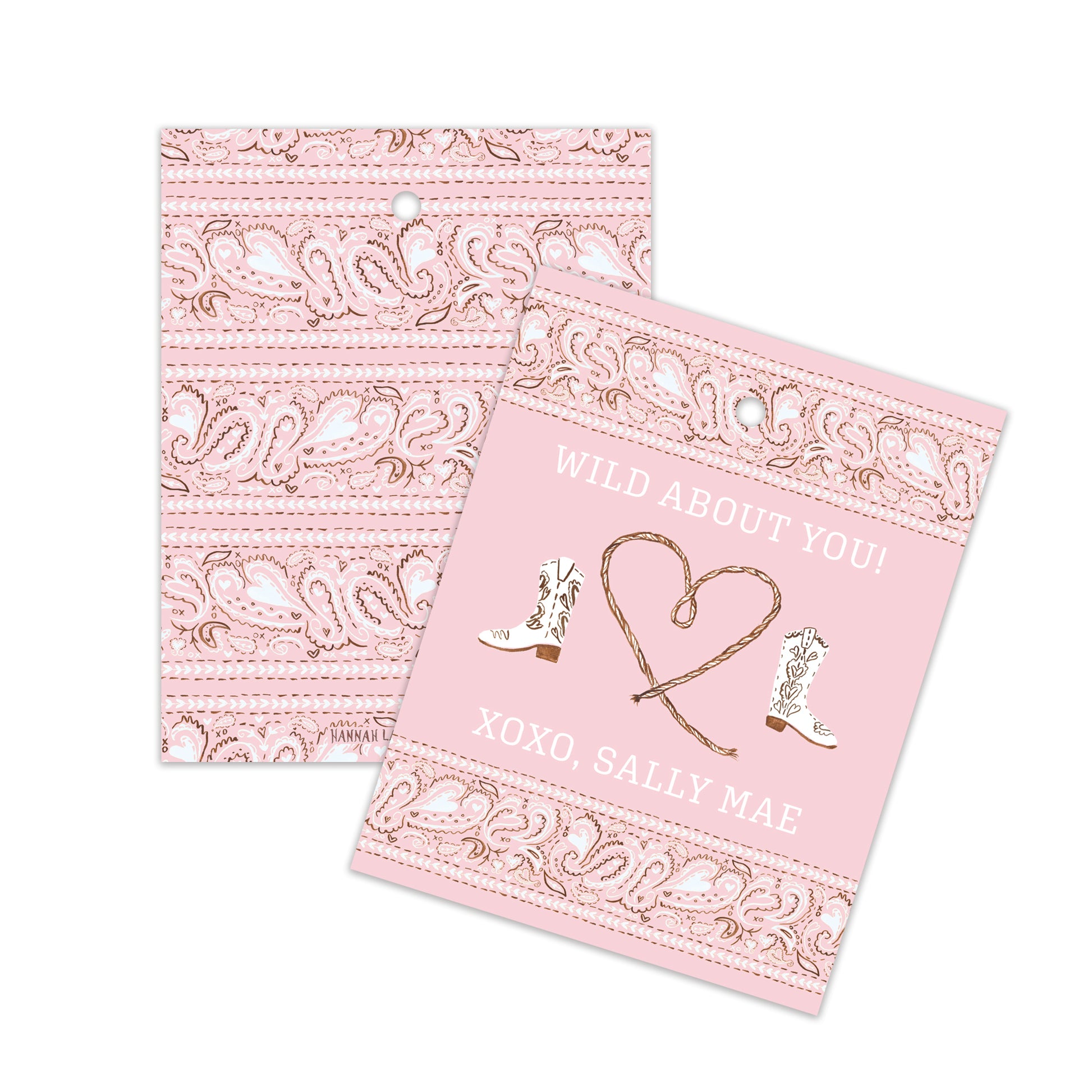 Pink card with decorative elements including cowboy boots, heart-shaped rope, and a paisley pattern with heart.