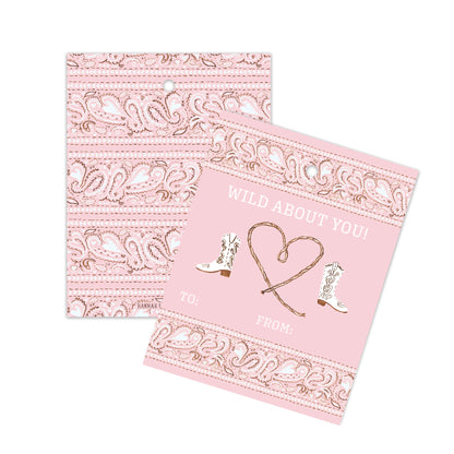 A pink card with a western pattern and cowboy boot and rope illustrations on a white background.