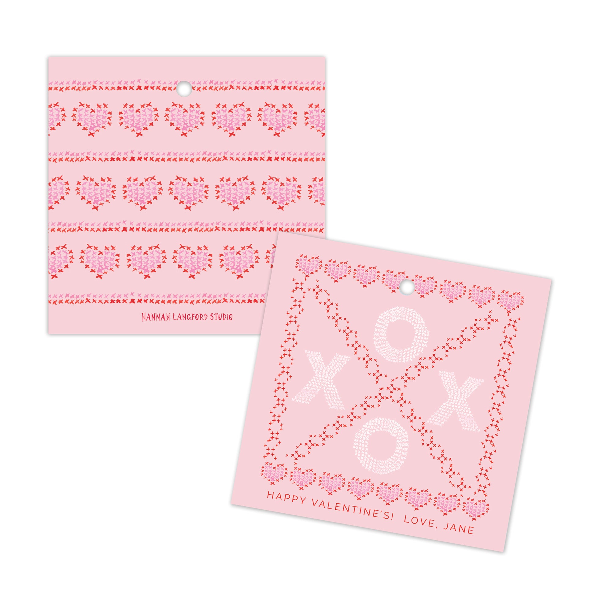 Two pink Valentines cards with XOXO lettering and hearts.