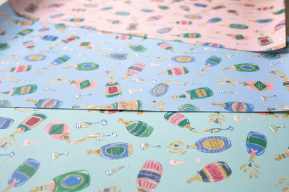 wrapping paper with champagne illustrations.