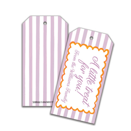 Two striped scallop gift tags with one displaying a personalized message in a white and orange design against a purple striped background.