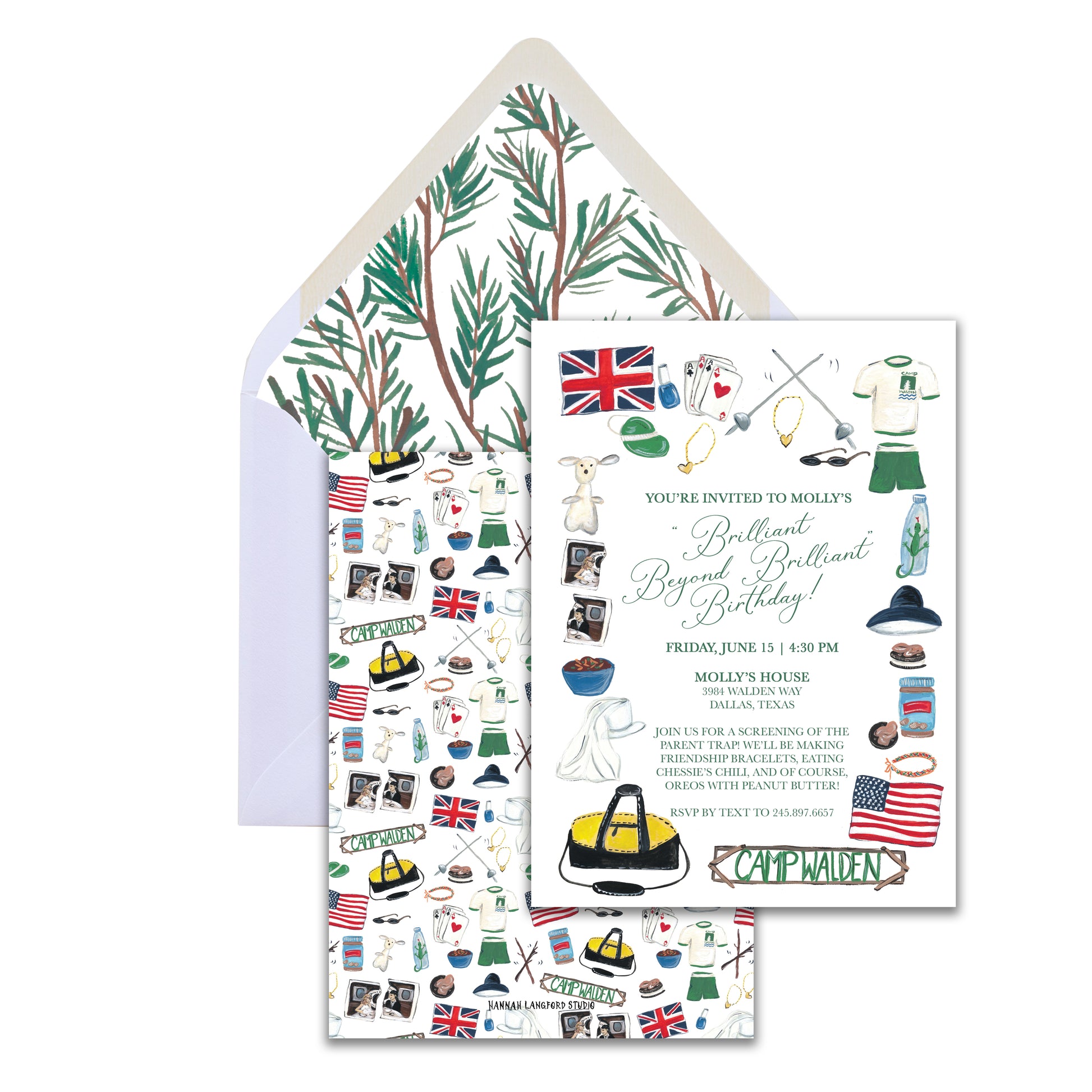 Invitation card with camp-themed illustrations and a matching envelope on a white background