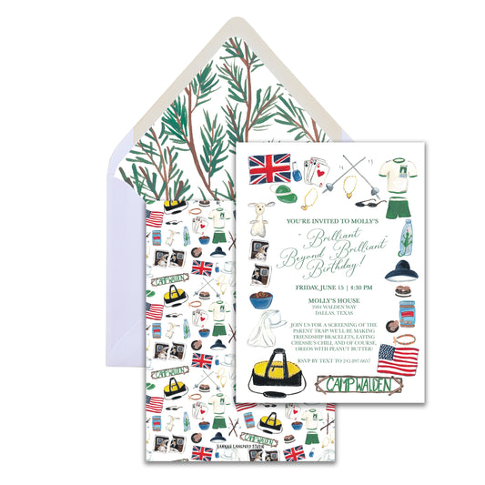 Invitation card with camp-themed illustrations and a matching envelope on a white background