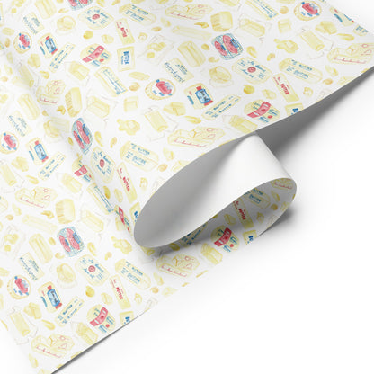 butter themed wrapping paper on a white background