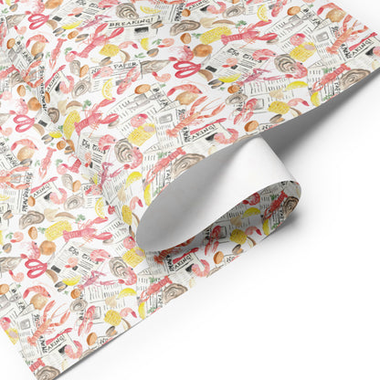 low country boil themed wrapping paper on a white background