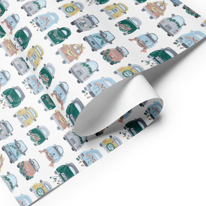 Wedding-themed wrapping paper with car illustrations on it.