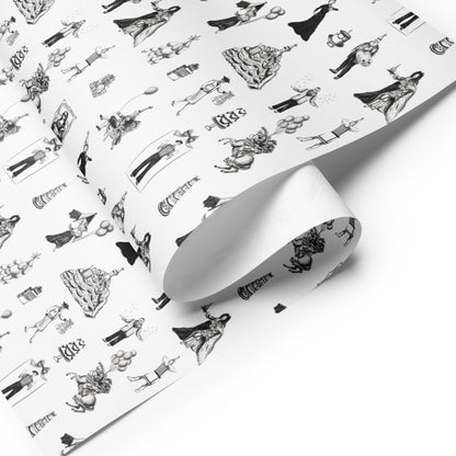 wrapping paper with black and white illustrations of French icons in party attire