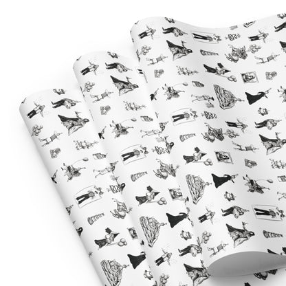 wrapping paper with black and white illustrations of French icons in party attire