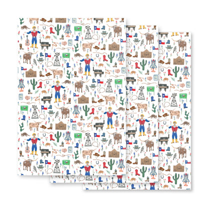 Texas-themed gift wrapping paper with a pattern featuring cowboy boots, horses, and other Texas-related items.