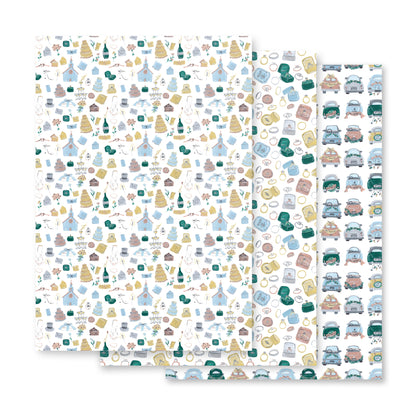 A set of three sheets of wedding-themed gift wrapping paper with a multicolored design.
