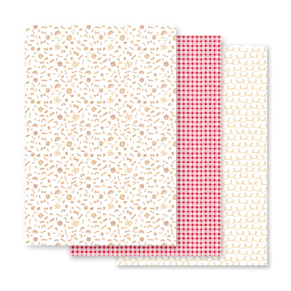 pasta-themed set of three wrapping paper sheets with pasta illustrations and gingham.