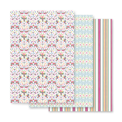 Three sheets of colorful gift wrapping paper with floral and geometric patterns, including multicolored and striped designs.
