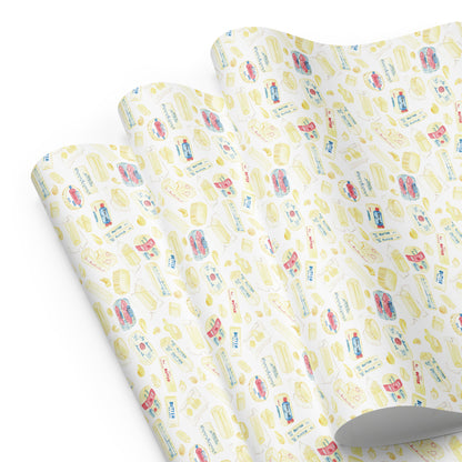 butter themed wrapping paper on a white background