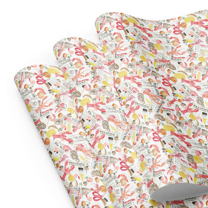 low country boil themed wrapping paper on a white background