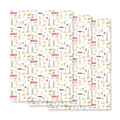 NYC themed wrapping paper on a white background