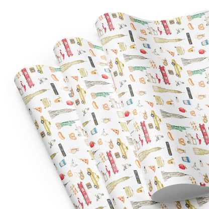 NYC themed wrapping paper on a white background